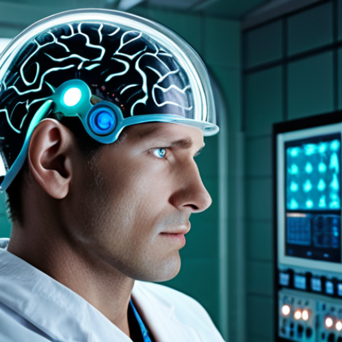 Home 14 **A futuristic brain implant scene:** Close-up on a person's head, partially shaved to reveal a sleek, high-tech brain implant glowing subtly beneath the skin. Emphasize the contrast between the organic human head and the metallic, advanced technology. The background is a sterile, modern operating room or laboratory. Focus on a sense of both wonder and unease. Include visual elements suggesting advanced neuroscience and potential risks, balancing technological progress with ethical considerations.