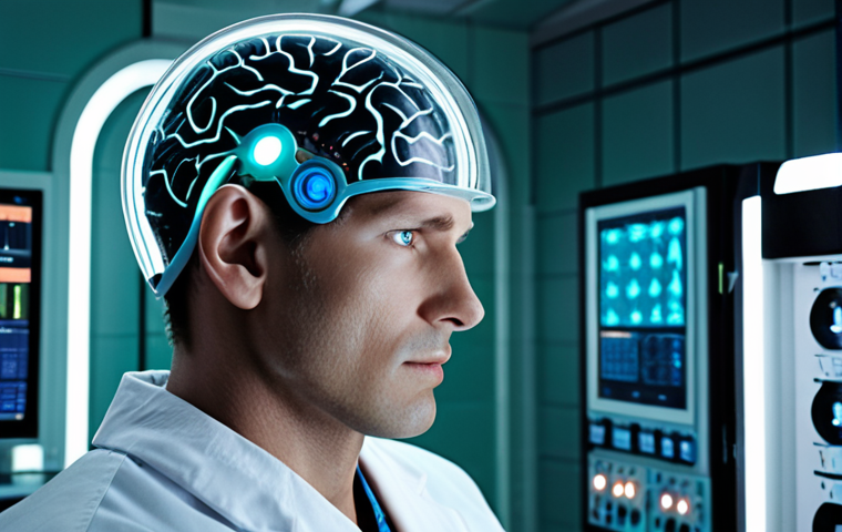 **A futuristic brain implant scene:** Close-up on a person's head, partially shaved to reveal a sleek, high-tech brain implant glowing subtly beneath the skin. Emphasize the contrast between the organic human head and the metallic, advanced technology. The background is a sterile, modern operating room or laboratory. Focus on a sense of both wonder and unease. Include visual elements suggesting advanced neuroscience and potential risks, balancing technological progress with ethical considerations.